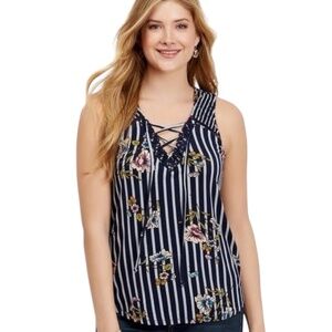Maurice’s Navy Striped Floral V Neck Tank Style Top Size S